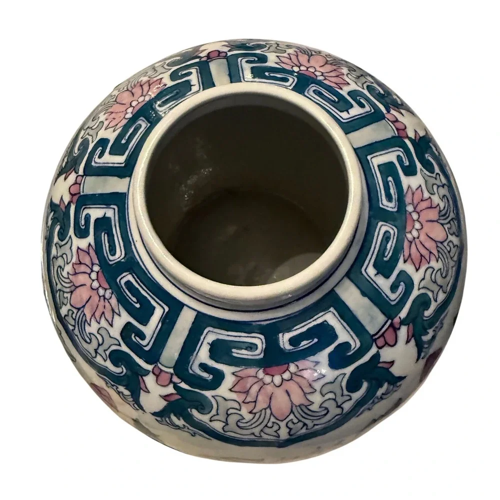 Vintage Chinoiserie Floral Ceramic Ginger Jar Vase Pink Teal Peony‎ 9 Inch